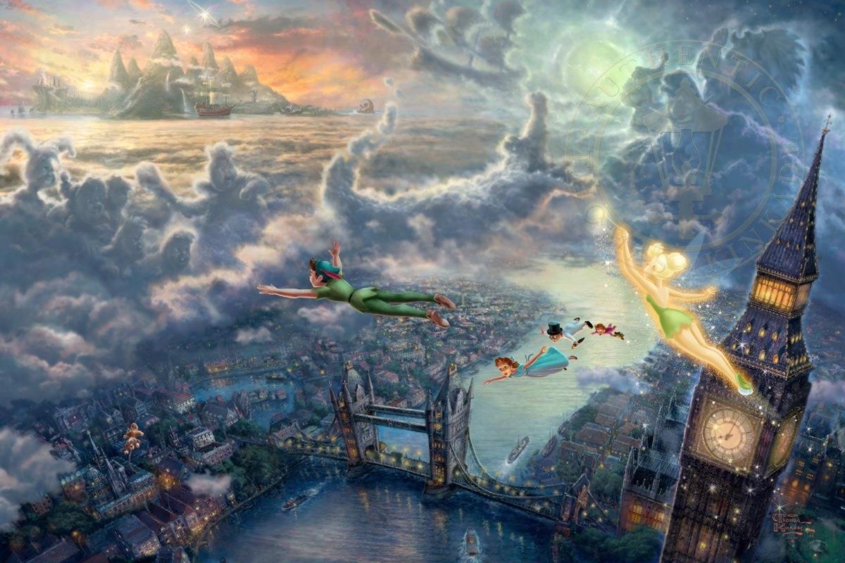 Tinker Bell et Peter Pan s’envolent pour Neverland Thomas Kinkade Peintures à l'huile